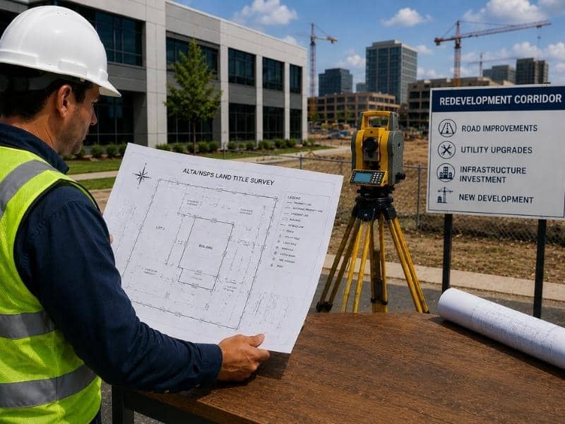 Alta survey redevelopment corridor commercial property risk | Chattanooga Land Surveying ALTA survey in redevelopment corridor showing commercial property risk analysis with surveyor reviewing land title map and construction site