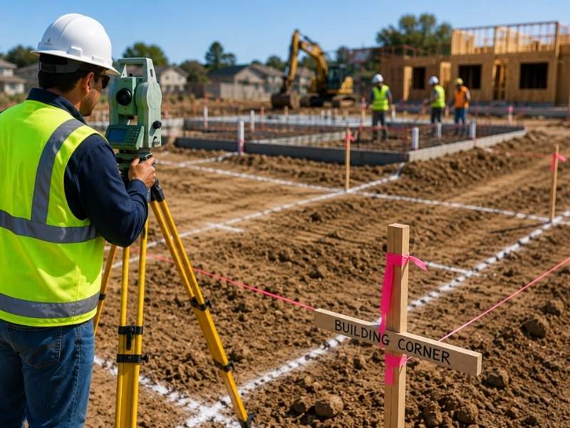 Construction staking survey services building corner layout | Chattanooga Land Surveying Construction staking survey services showing a land surveyor marking building corner points and layout lines on an active construction site.