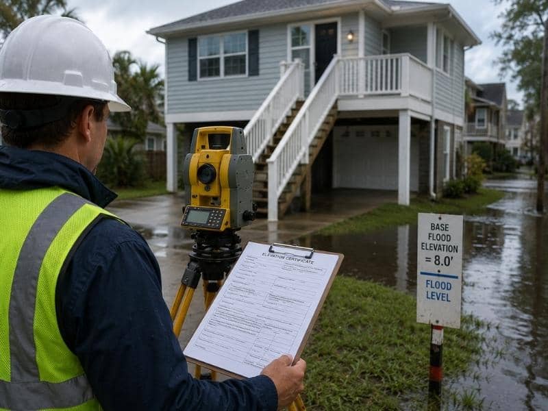 Elevation certificate flood risk survey after heavy rain | Chattanooga Land Surveying elevation certificate survey showing flood risk measurement after heavy rain with surveyor checking base flood elevation near a house
