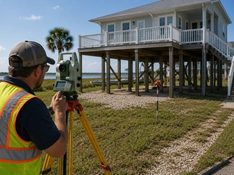 Elevation certificate flood zone survey coastal home | Chattanooga Land Surveying Elevation certificate survey showing a land surveyor using a total station near a coastal home to measure elevation for flood zone assessment.