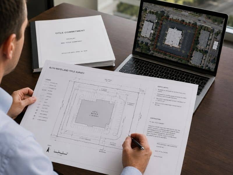 ALTA survey details developers often review first | Chattanooga Land Surveying ALTA survey review showing a commercial property plan, title commitment, and aerial site image during due diligence