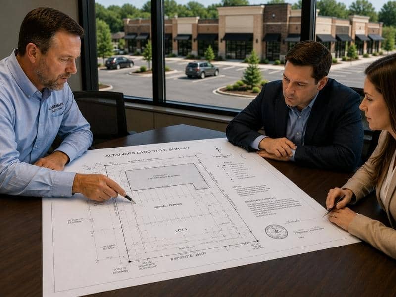 ALTA title survey issues buyers catch early | Chattanooga Land Surveying ALTA title survey being reviewed by commercial property buyers and professionals to identify boundary issues, easements, and encroachments before closing.