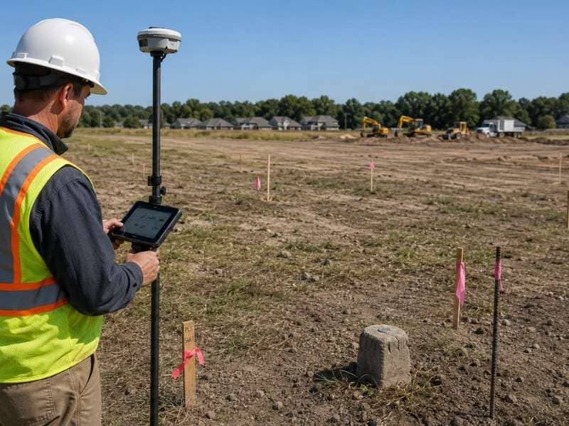 boundary survey multi parcel development sites | Chattanooga Land Surveying Boundary survey at a multi parcel development site with a licensed land surveyor using an RTK GNSS rover to verify property corners before site planning.