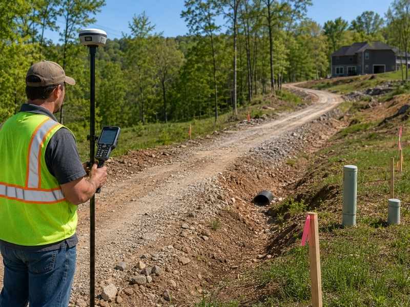 surveyors near me unfinished private road land access | Chattanooga Land Surveying Surveyors near me documenting property boundaries, road access, drainage, and site conditions along an unfinished private road.