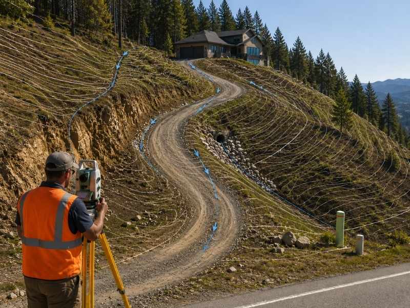 topographic survey data steep hillside driveway chattanooga tn | Chattanooga Land Surveying Topographic Survey crew collecting elevation data for a steep hillside driveway in Chattanooga, TN, mapping contours, drainage, and terrain for accurate driveway design.