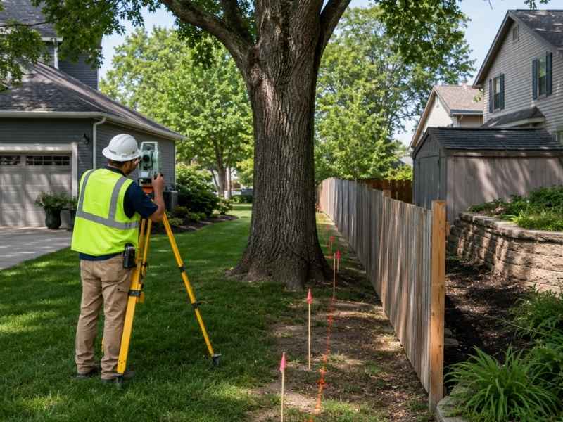 Find property lines shared tree chattanooga tennessee | Chattanooga Land Surveying Surveyor in a safety vest and hard hat uses a tripod-mounted instrument to stake property lines along a wooden fence.