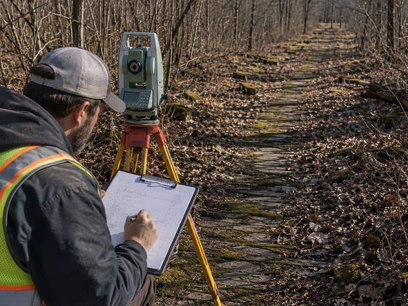 metes-and-bounds-survey-abandoned-roadbed-chattanooga-tennessee | Chattanooga Land Surveying Surveyor performing metes and bounds survey work along an abandoned roadbed in Chattanooga, Tennessee