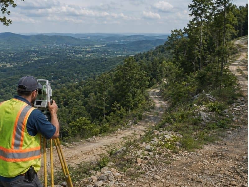 surveyors-near-me-multiple-access-routes-chattanooga-tn | Chattanooga Land Surveying Surveyor mapping multiple access routes on a large hillside property in Chattanooga, Tennessee.