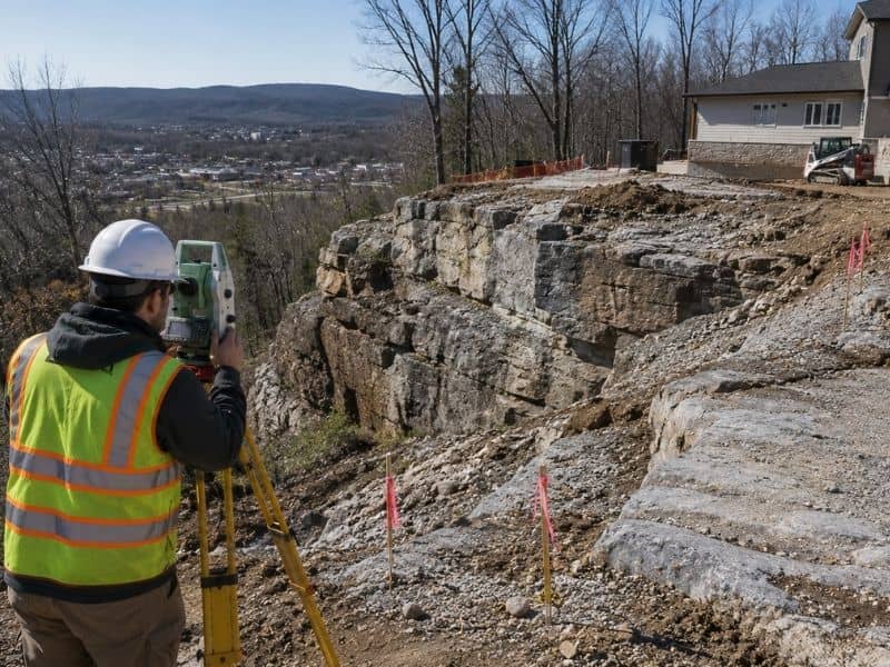 topographic-survey-rock-ledge-chattanooga-tn | Chattanooga Land Surveying Surveyor conducting a topographic survey near an exposed rock ledge before construction in Chattanooga, TN.